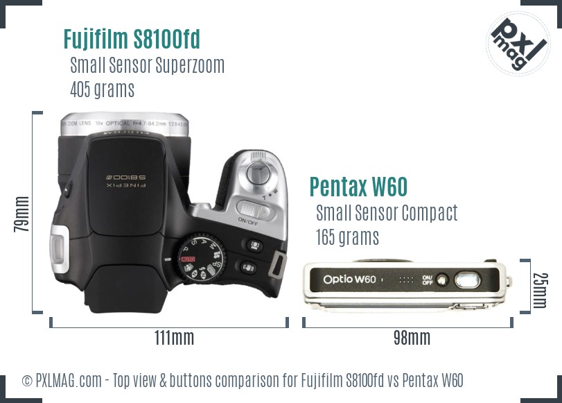 Fujifilm S8100fd vs Pentax W60 top view buttons comparison