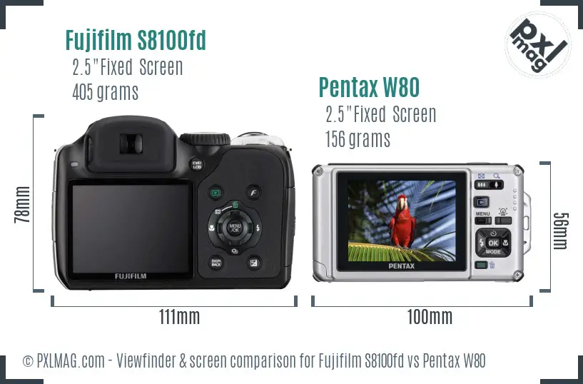 Fujifilm S8100fd vs Pentax W80 Screen and Viewfinder comparison