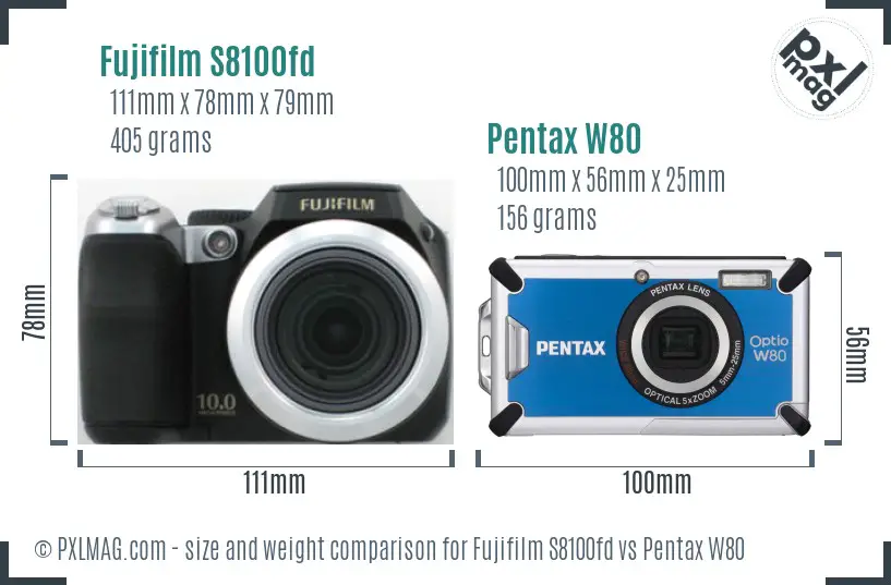 Fujifilm S8100fd vs Pentax W80 size comparison