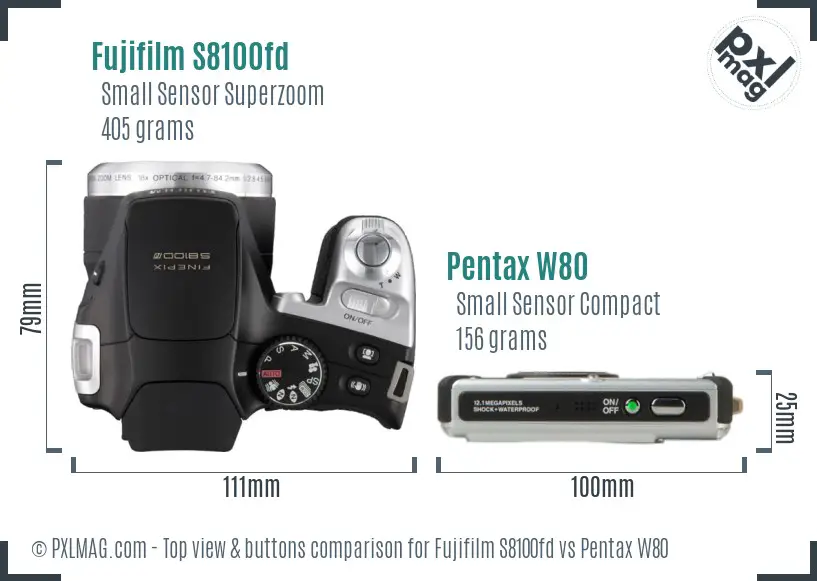 Fujifilm S8100fd vs Pentax W80 top view buttons comparison