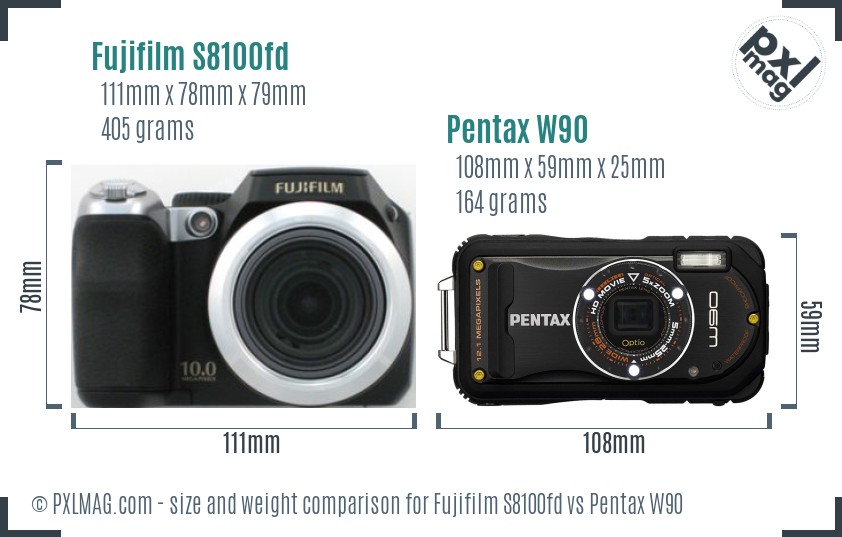 Fujifilm S8100fd vs Pentax W90 size comparison Fujifilm S8100fd vs Pentax W90 size comparison