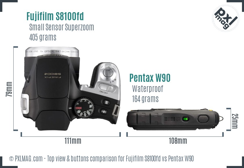 Fujifilm S8100fd vs Pentax W90 top view buttons comparison