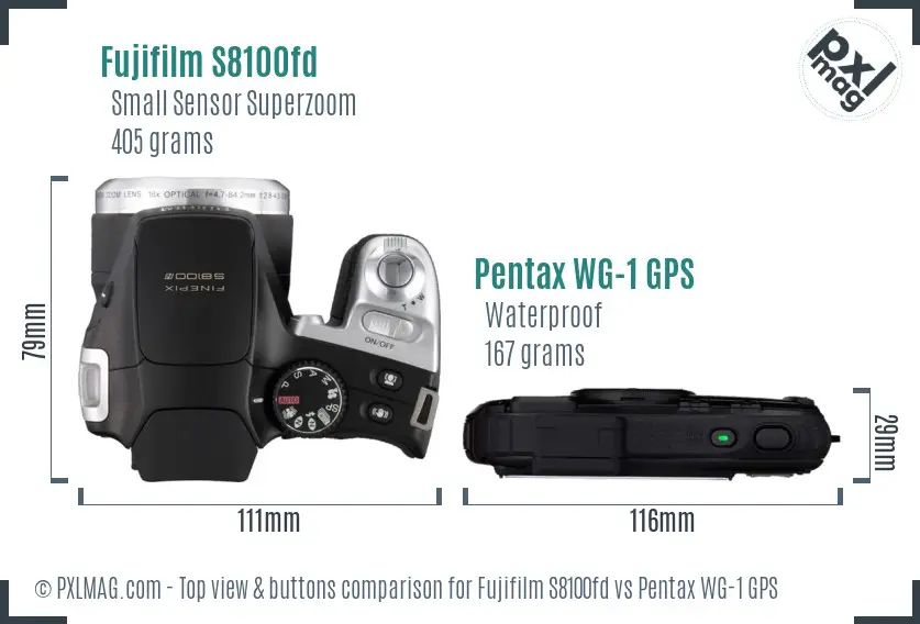 Fujifilm S8100fd vs Pentax WG-1 GPS top view buttons comparison Fujifilm S8100fd vs Pentax WG-1 GPS top view buttons comparison