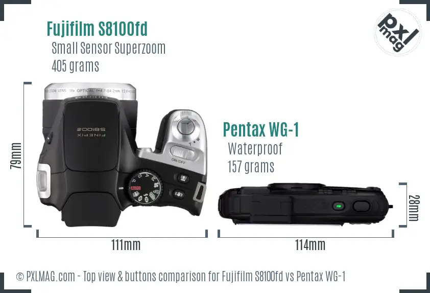 Fujifilm S8100fd vs Pentax WG-1 top view buttons comparison Fujifilm S8100fd vs Pentax WG-1 top view buttons comparison