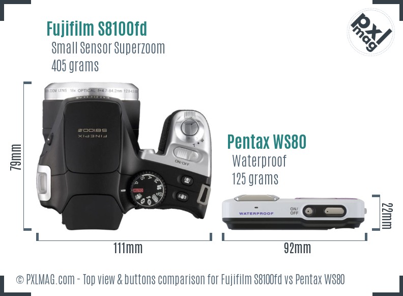 Fujifilm S8100fd vs Pentax WS80 top view buttons comparison