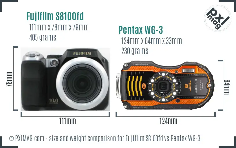 Fujifilm S8100fd vs Pentax WG-3 size comparison