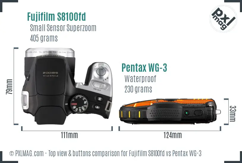 Fujifilm S8100fd vs Pentax WG-3 top view buttons comparison