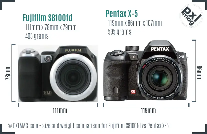 Fujifilm S8100fd vs Pentax X-5 size comparison