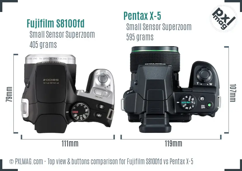 Fujifilm S8100fd vs Pentax X-5 top view buttons comparison