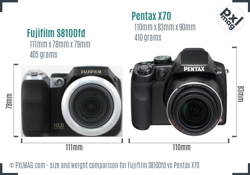 Fujifilm S8100fd vs Pentax X70 size comparison