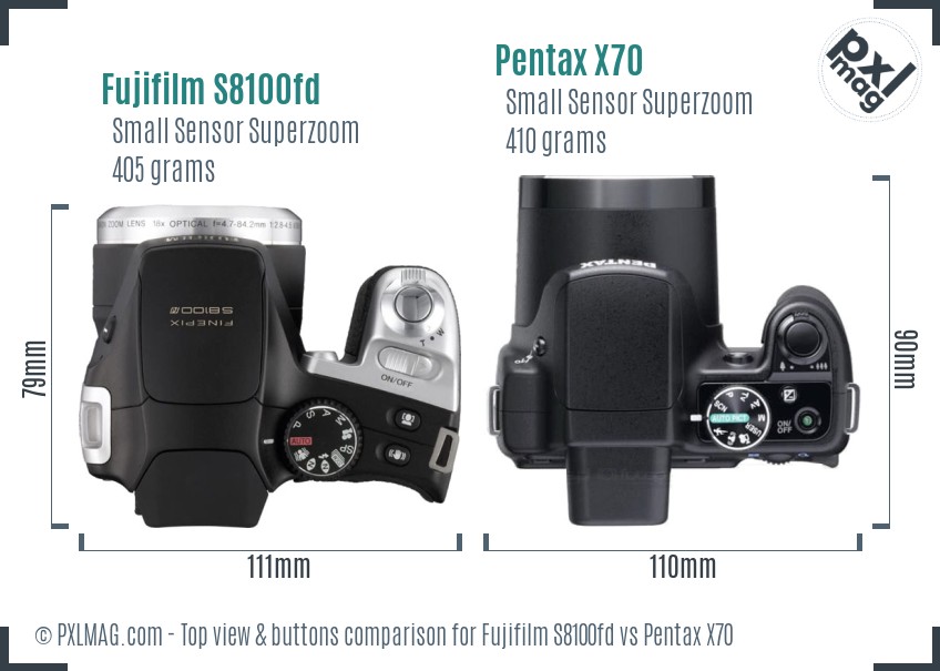 Fujifilm S8100fd vs Pentax X70 top view buttons comparison