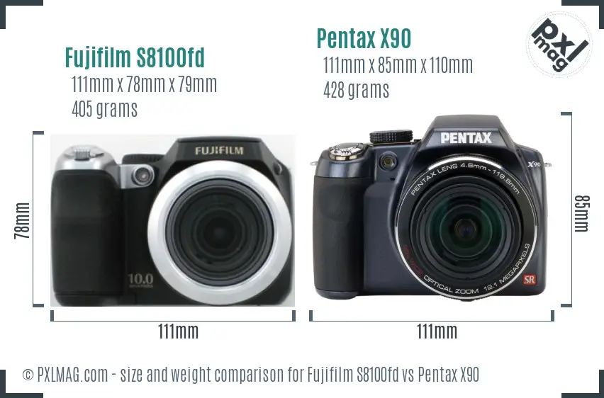 Fujifilm S8100fd vs Pentax X90 size comparison