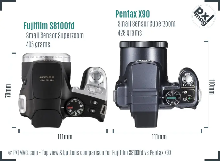 Fujifilm S8100fd vs Pentax X90 top view buttons comparison