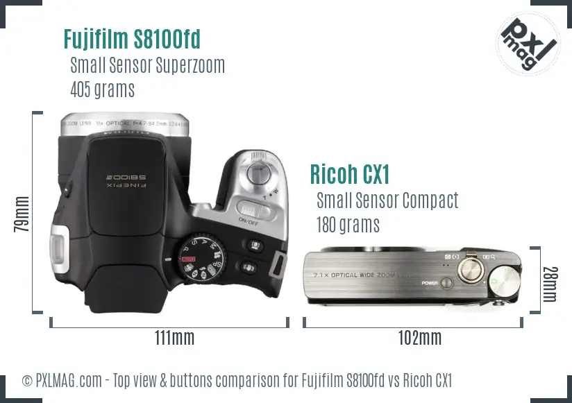 Fujifilm S8100fd vs Ricoh CX1 top view buttons comparison Fujifilm S8100fd vs Ricoh CX1 top view buttons comparison