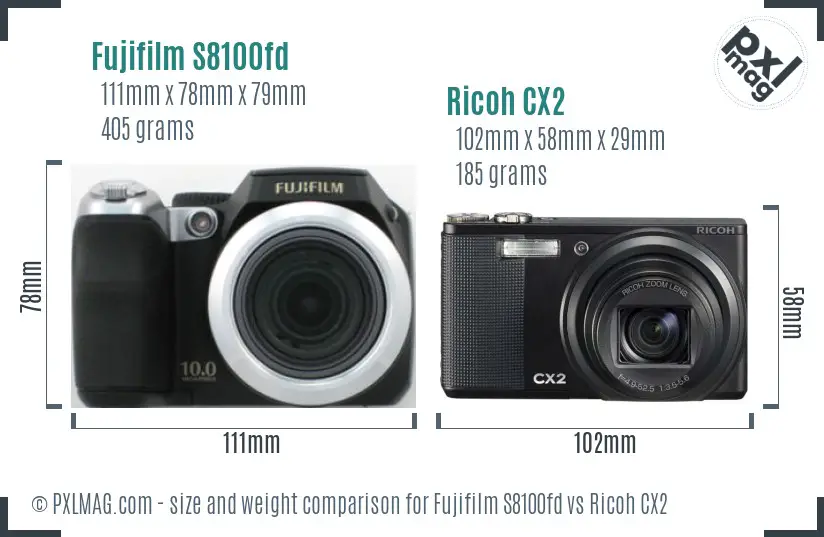 Fujifilm S8100fd vs Ricoh CX2 size comparison