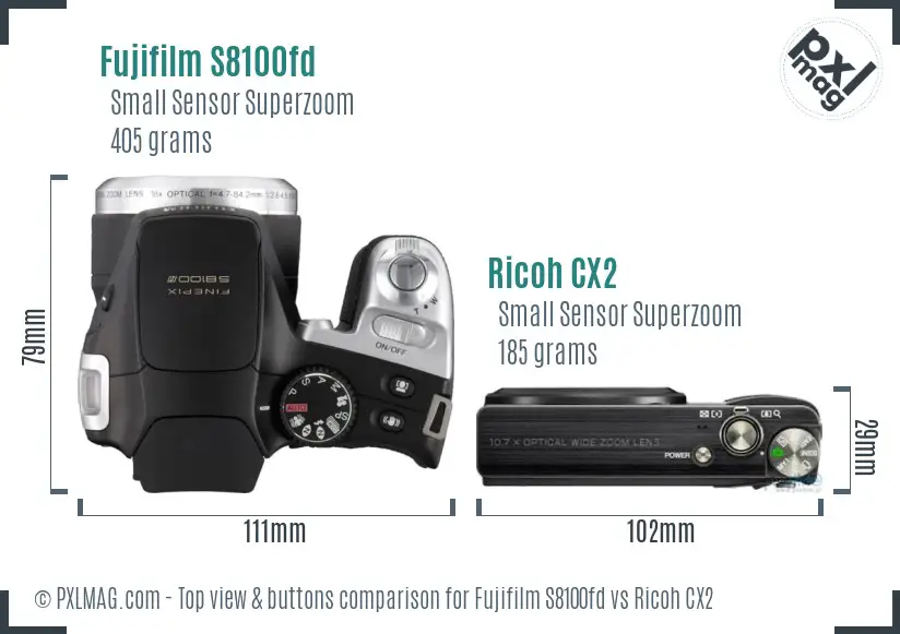 Fujifilm S8100fd vs Ricoh CX2 top view buttons comparison