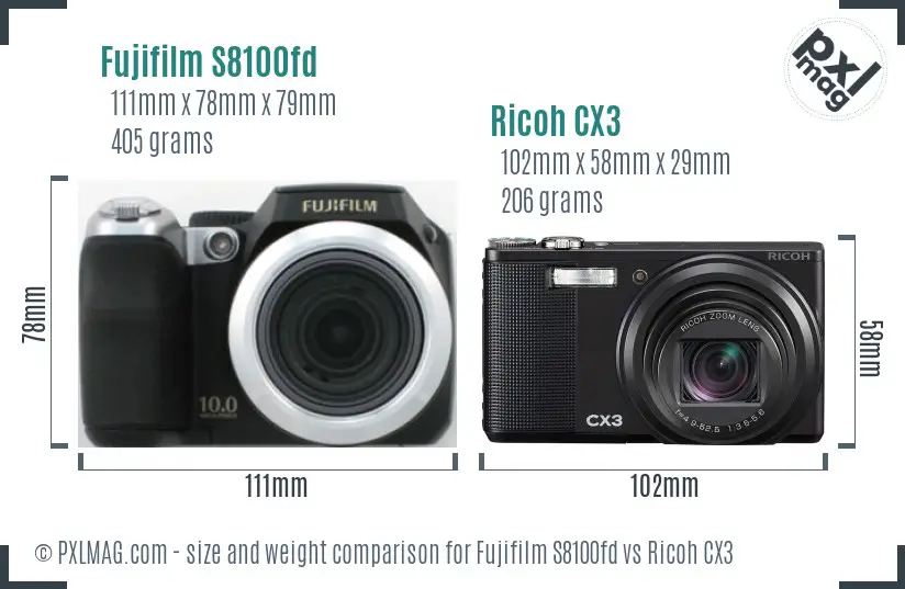 Fujifilm S8100fd vs Ricoh CX3 size comparison
