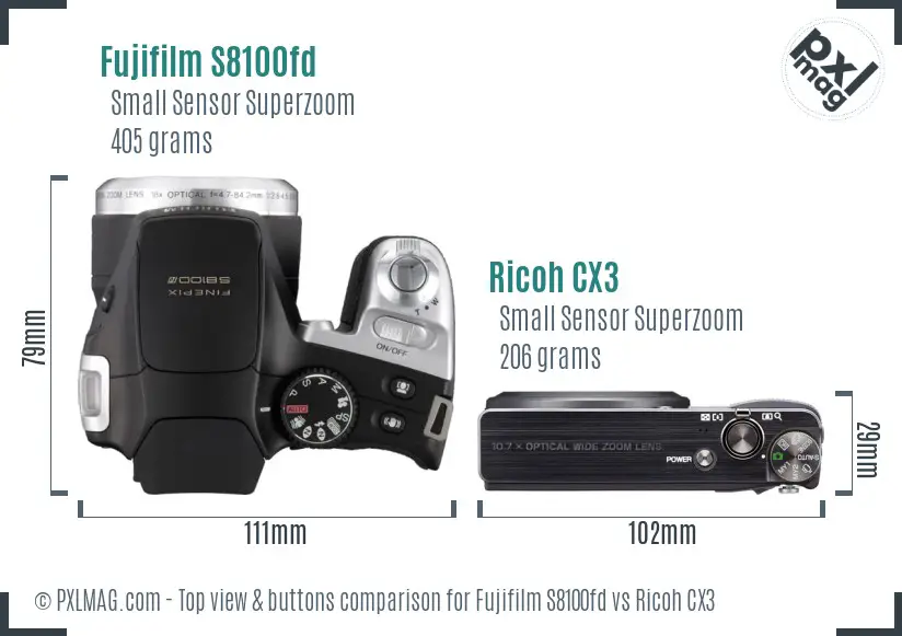 Fujifilm S8100fd vs Ricoh CX3 top view buttons comparison