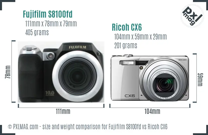 Fujifilm S8100fd vs Ricoh CX6 size comparison