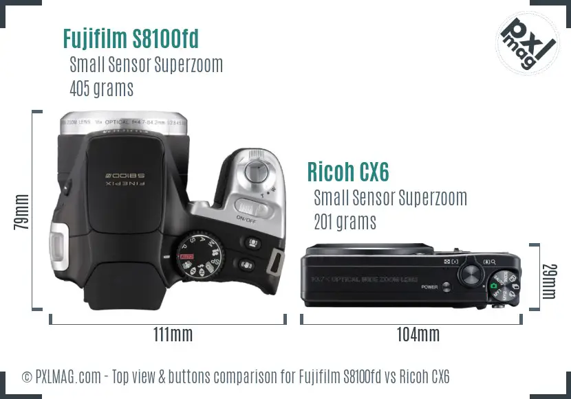 Fujifilm S8100fd vs Ricoh CX6 top view buttons comparison