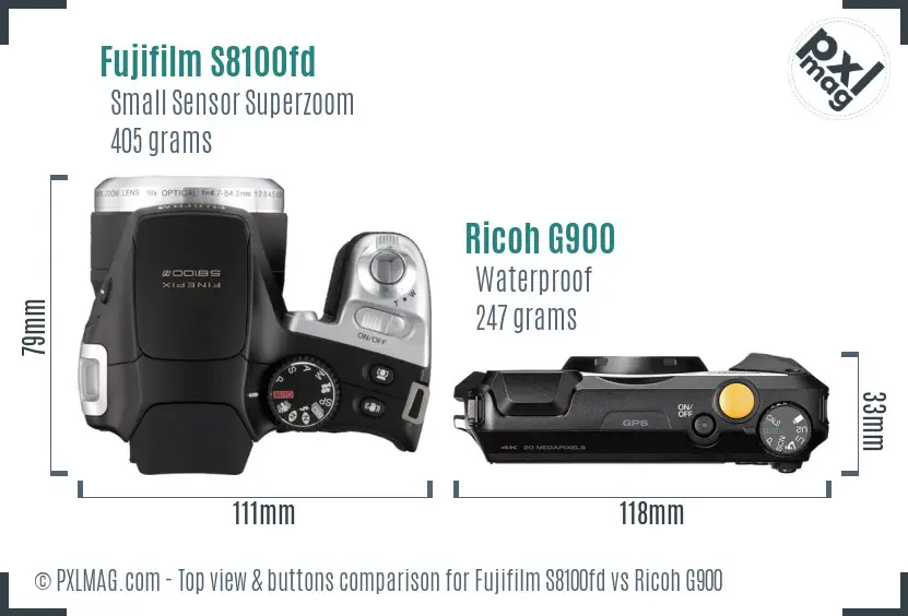 Fujifilm S8100fd vs Ricoh G900 top view buttons comparison