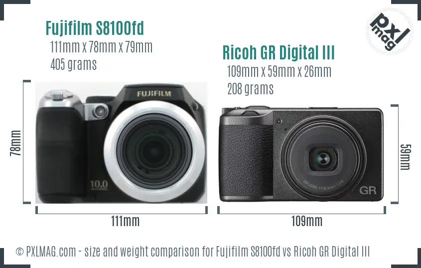 Fujifilm S8100fd vs Ricoh GR Digital III size comparison
