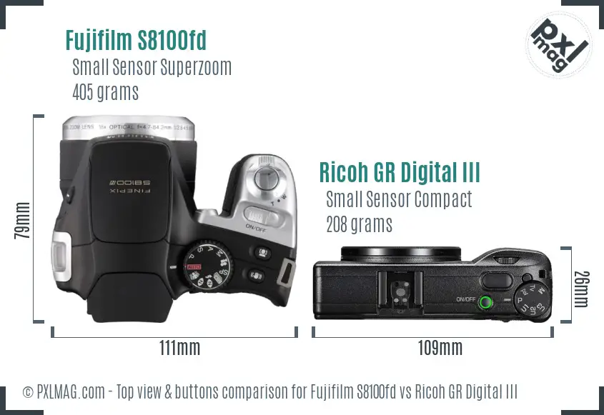 Fujifilm S8100fd vs Ricoh GR Digital III top view buttons comparison