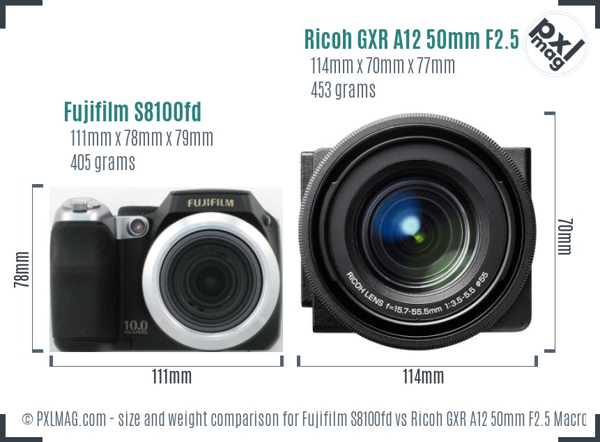 Fujifilm S8100fd vs Ricoh GXR A12 50mm F2.5 Macro size comparison Fujifilm S8100fd vs Ricoh GXR A12 50mm F2.5 Macro size comparison