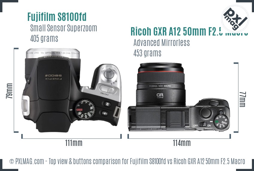 Fujifilm S8100fd vs Ricoh GXR A12 50mm F2.5 Macro top view buttons comparison