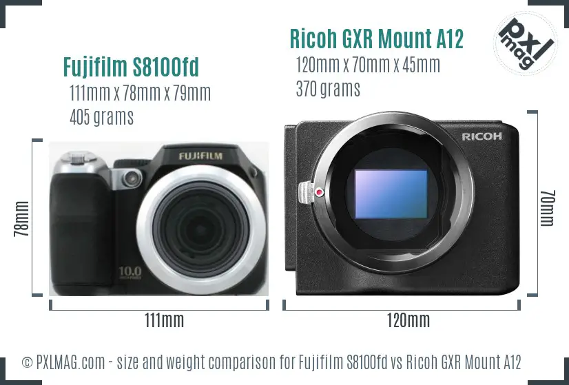 Fujifilm S8100fd vs Ricoh GXR Mount A12 size comparison