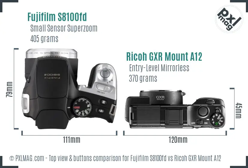 Fujifilm S8100fd vs Ricoh GXR Mount A12 top view buttons comparison