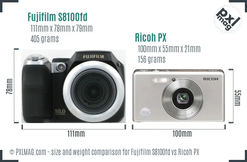 Fujifilm S8100fd vs Ricoh PX size comparison
