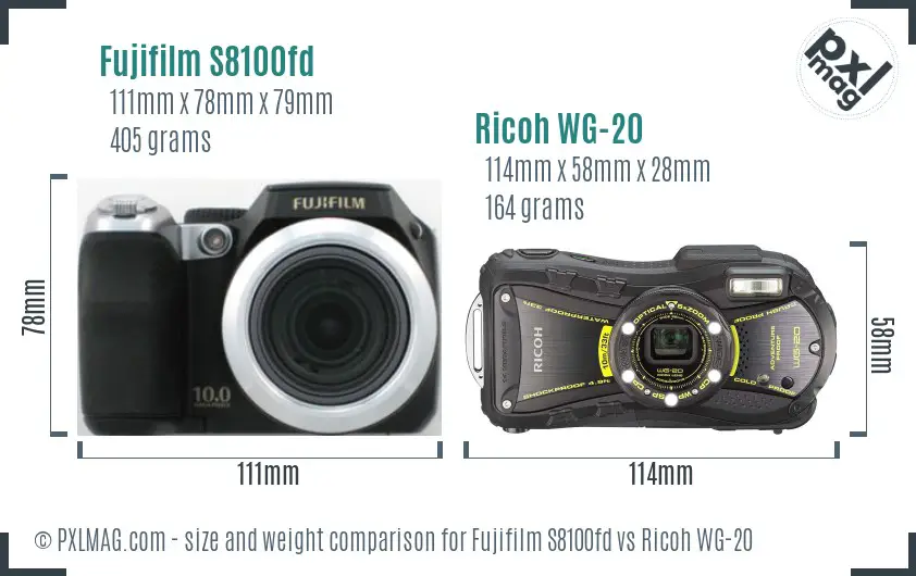 Fujifilm S8100fd vs Ricoh WG-20 size comparison