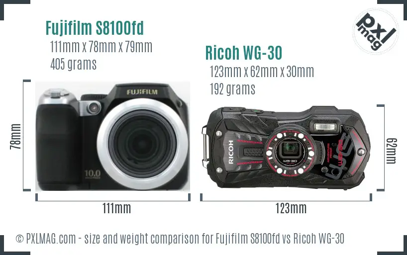 Fujifilm S8100fd vs Ricoh WG-30 size comparison