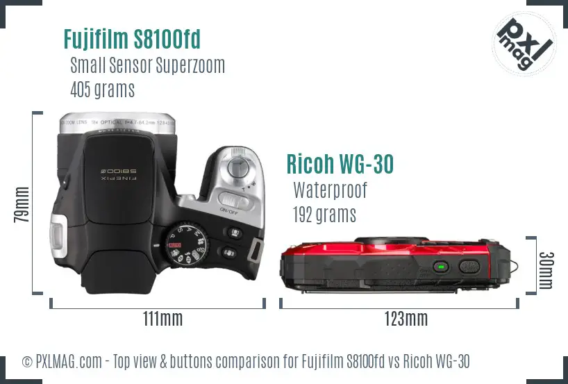 Fujifilm S8100fd vs Ricoh WG-30 top view buttons comparison