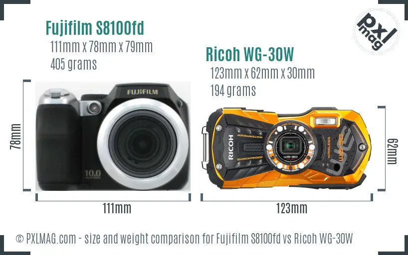 Fujifilm S8100fd vs Ricoh WG-30W size comparison