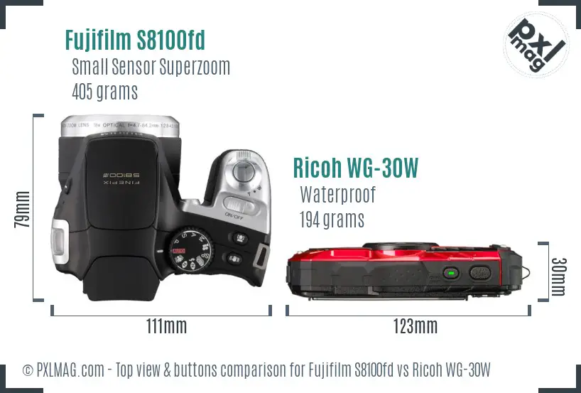 Fujifilm S8100fd vs Ricoh WG-30W top view buttons comparison