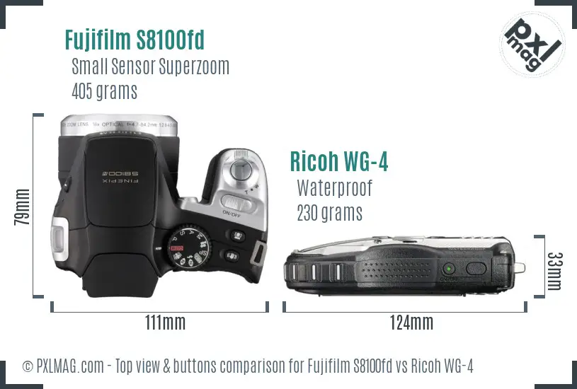 Fujifilm S8100fd vs Ricoh WG-4 top view buttons comparison Fujifilm S8100fd vs Ricoh WG-4 top view buttons comparison