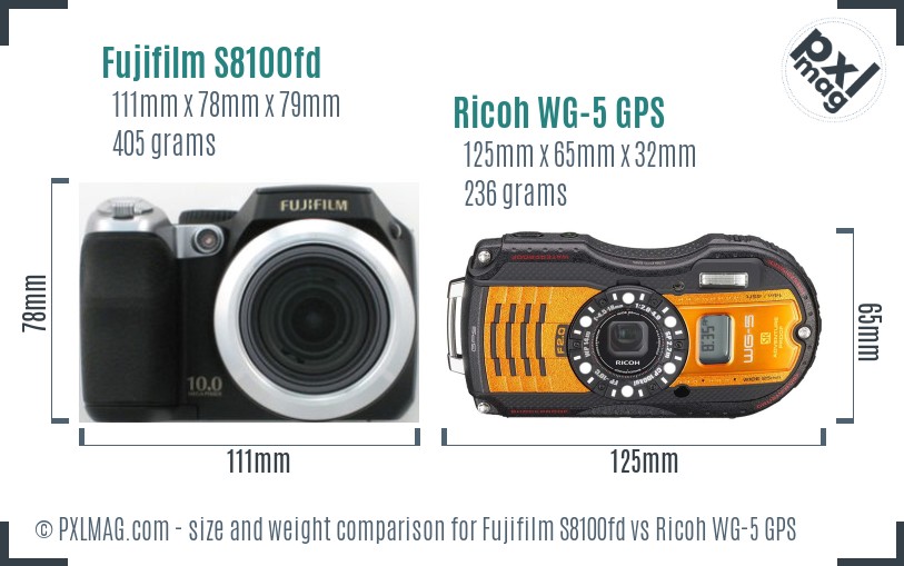 Fujifilm S8100fd vs Ricoh WG-5 GPS size comparison Fujifilm S8100fd vs Ricoh WG-5 GPS size comparison