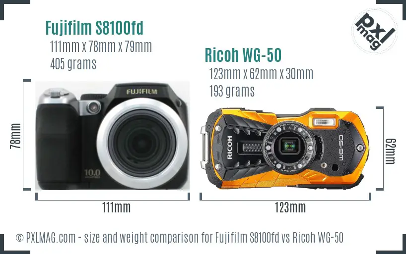 Fujifilm S8100fd vs Ricoh WG-50 size comparison