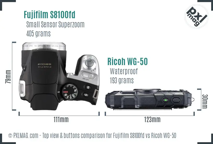 Fujifilm S8100fd vs Ricoh WG-50 top view buttons comparison