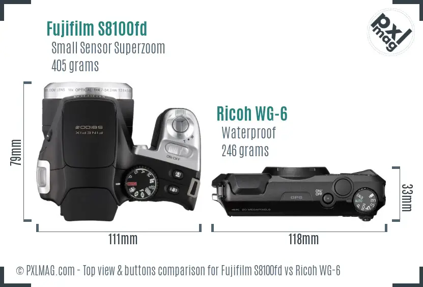 Fujifilm S8100fd vs Ricoh WG-6 top view buttons comparison Fujifilm S8100fd vs Ricoh WG-6 top view buttons comparison