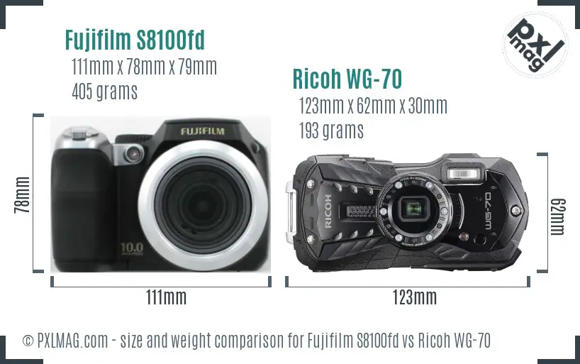 Fujifilm S8100fd vs Ricoh WG-70 size comparison