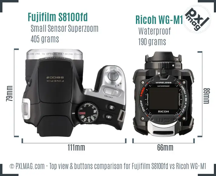 Fujifilm S8100fd vs Ricoh WG-M1 top view buttons comparison