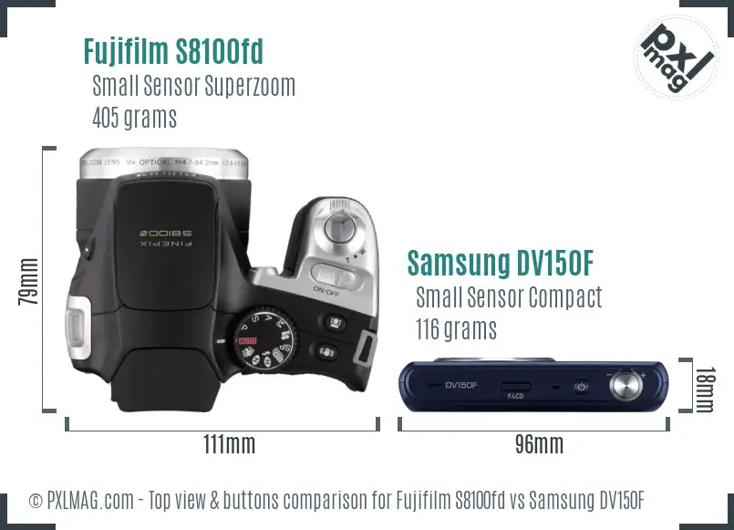 Fujifilm S8100fd vs Samsung DV150F top view buttons comparison Fujifilm S8100fd vs Samsung DV150F top view buttons comparison