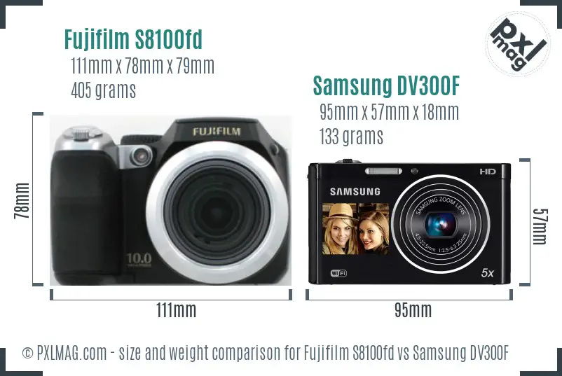 Fujifilm S8100fd vs Samsung DV300F size comparison