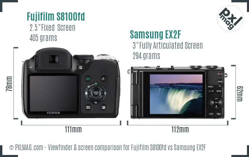 Fujifilm S8100fd vs Samsung EX2F Screen and Viewfinder comparison
