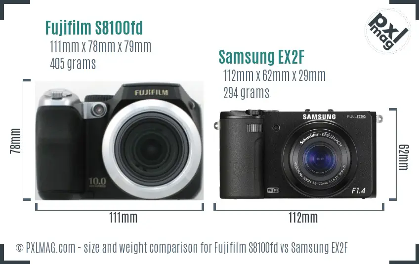 Fujifilm S8100fd vs Samsung EX2F size comparison