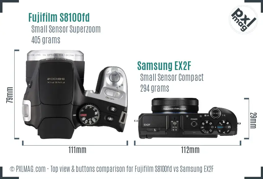 Fujifilm S8100fd vs Samsung EX2F top view buttons comparison