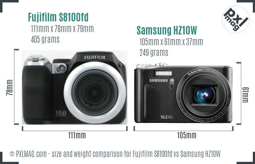 Fujifilm S8100fd vs Samsung HZ10W size comparison